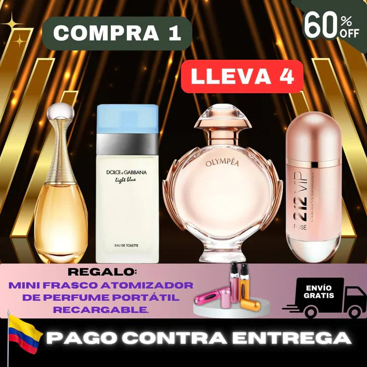 🔥 PROMOCIÓN [COMPRA 1 LLÉVATE 4 + REGALO] LIGHT BLUE, 212 VIP ROSE, JADORE, OLYMPEA + PERFUMERO RECARGABLE - 100 ML