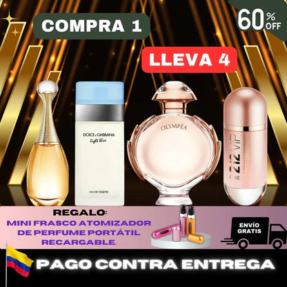 🔥 PROMOCIÓN [COMPRA 1 LLÉVATE 4 + REGALO] LIGHT BLUE, 212 VIP ROSE, JADORE, OLYMPEA + PERFUMERO RECARGABLE - 100 ML